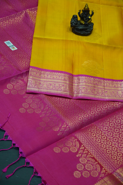 Pure soft silk-Round Flower Butta Mango Yellow-Pink
