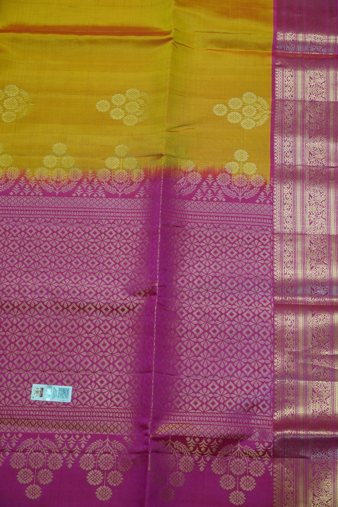 Pure soft silk-Round Flower Butta Mango Yellow-Pink