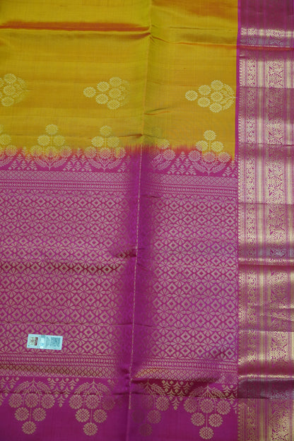 Pure soft silk-Round Flower Butta Mango Yellow-Pink