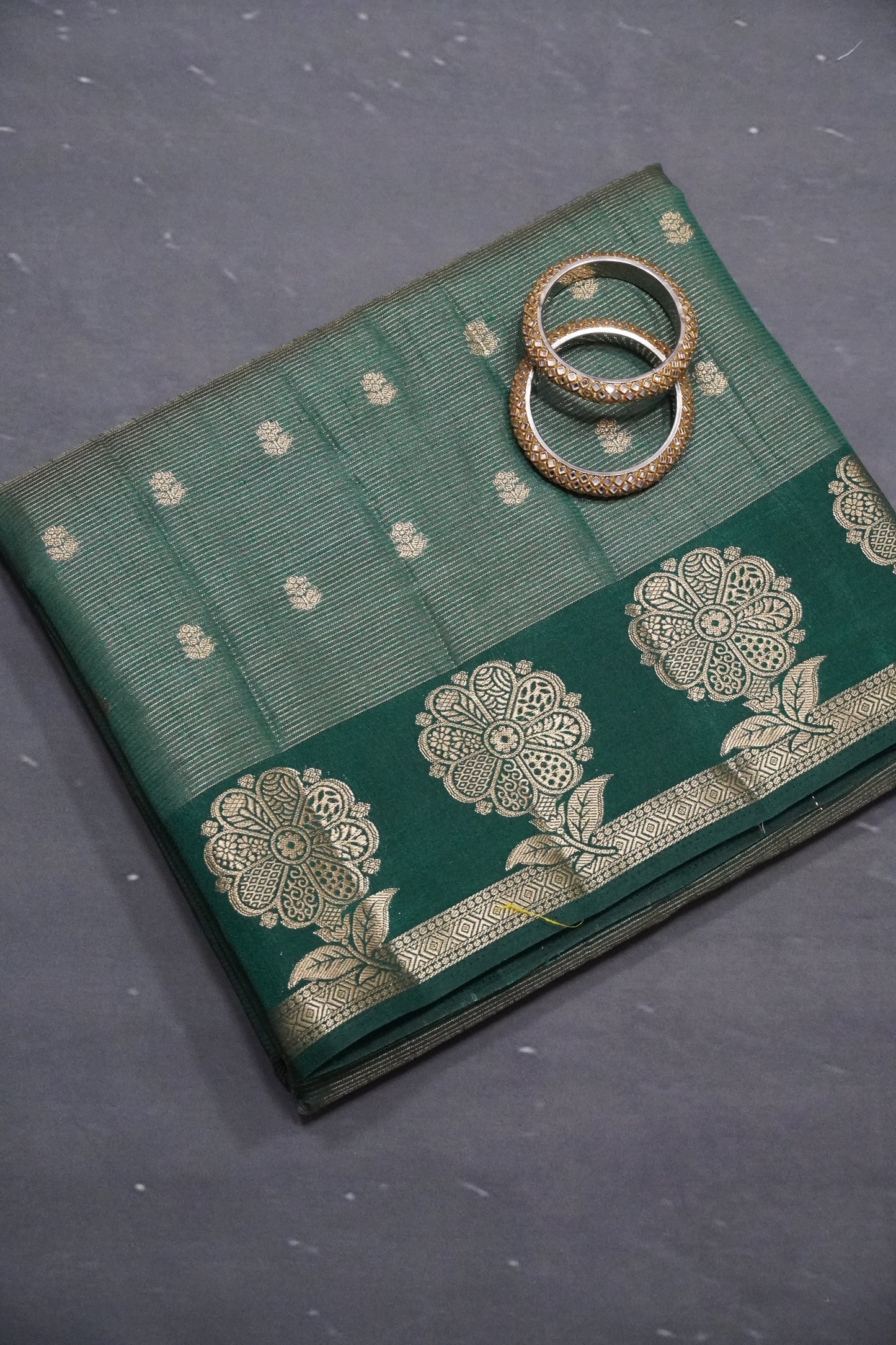 Semi Raw Silk Saree - Vairaoosi Pattern Bottle Green