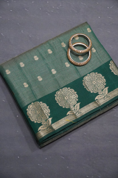 Semi Raw Silk Saree - Vairaoosi Pattern Bottle Green
