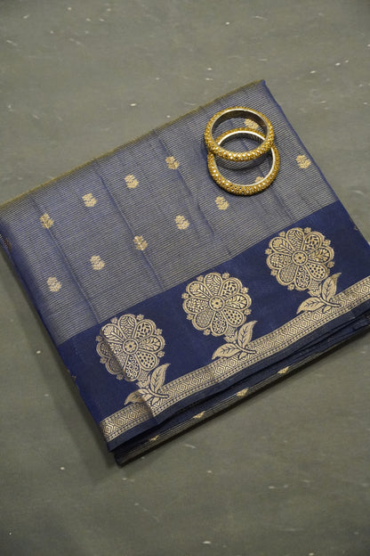 Semi Raw Silk Saree - Vairaoosi Pattern Navy Blue