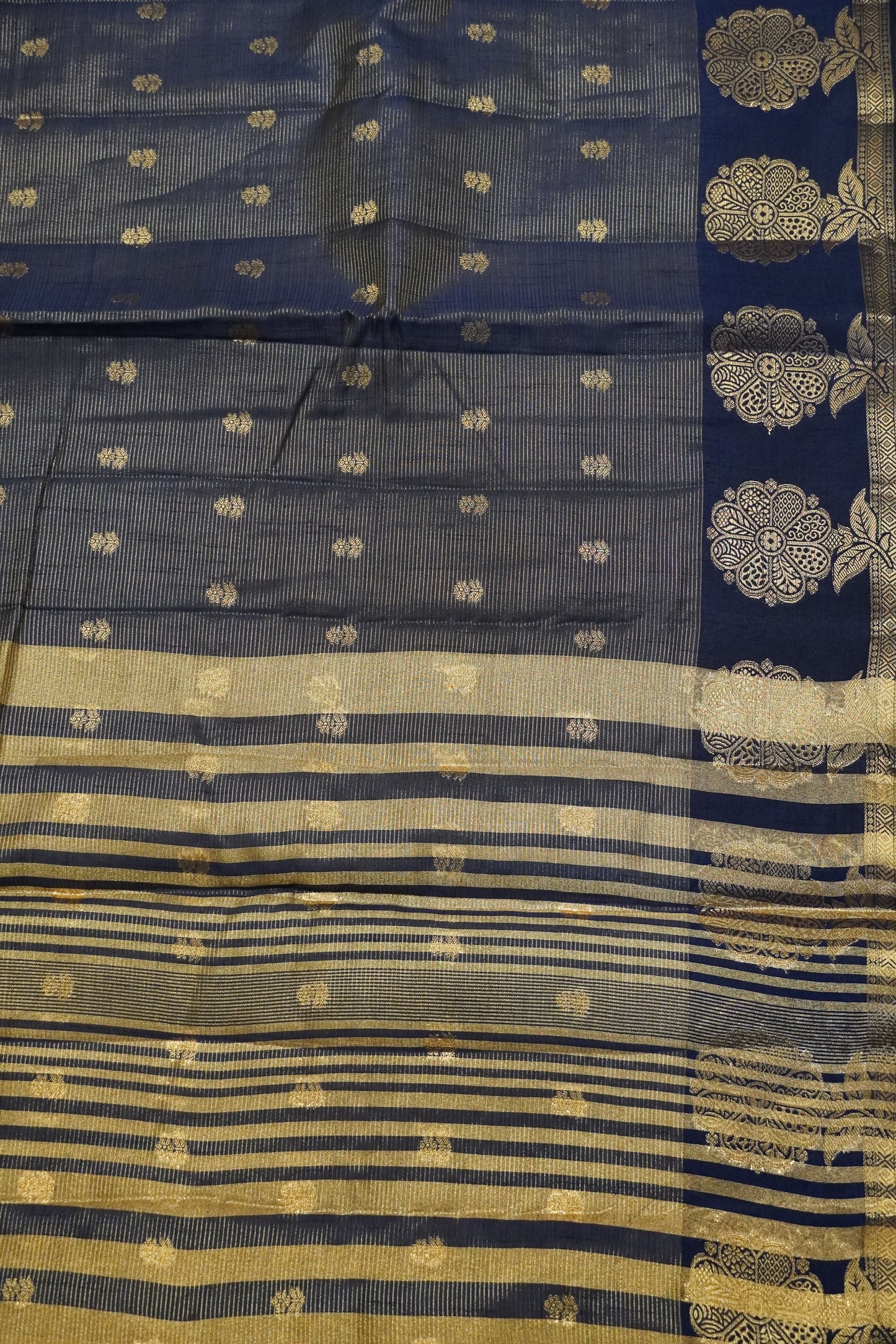 Semi Raw Silk Saree - Vairaoosi Pattern Navy Blue
