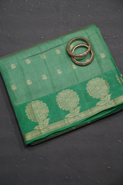 Semi Raw Silk Saree - Vairaoosi Pattern Metallic Green