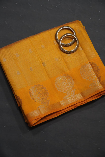 Semi Raw Silk Saree - Vairaoosi Pattern Mango Yellow