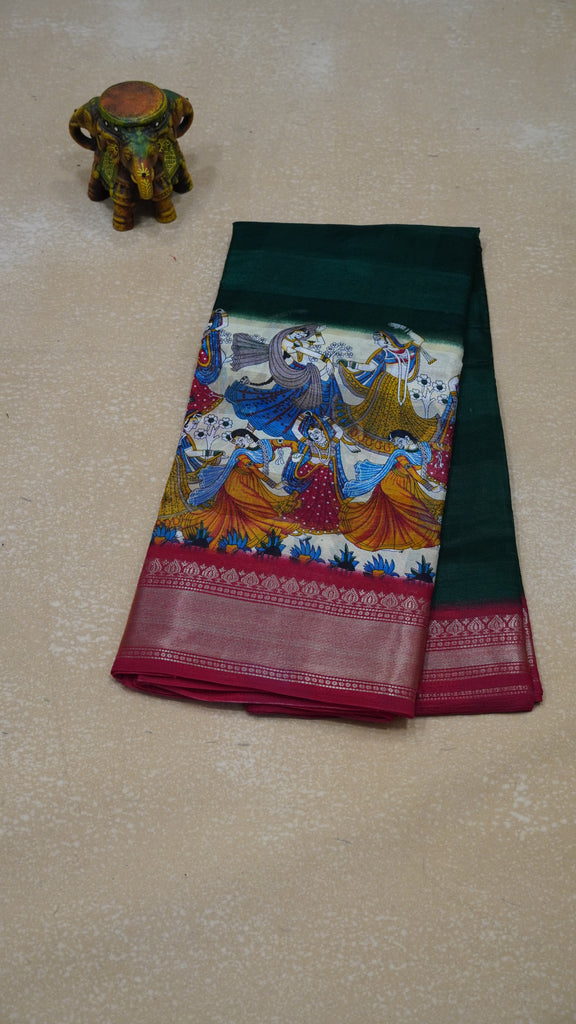 Chanderi Saree Figure Print - Bottle Green