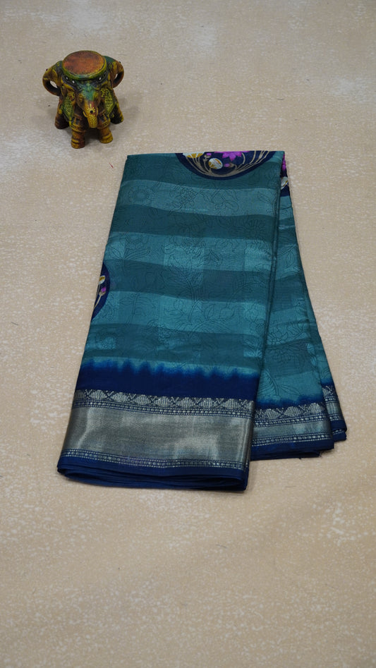 Chanderi Saree Lotus Print - Light Green