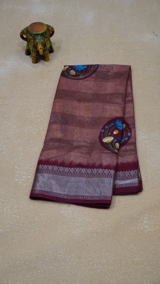 Chanderi Saree Lotus Print - Light Brown