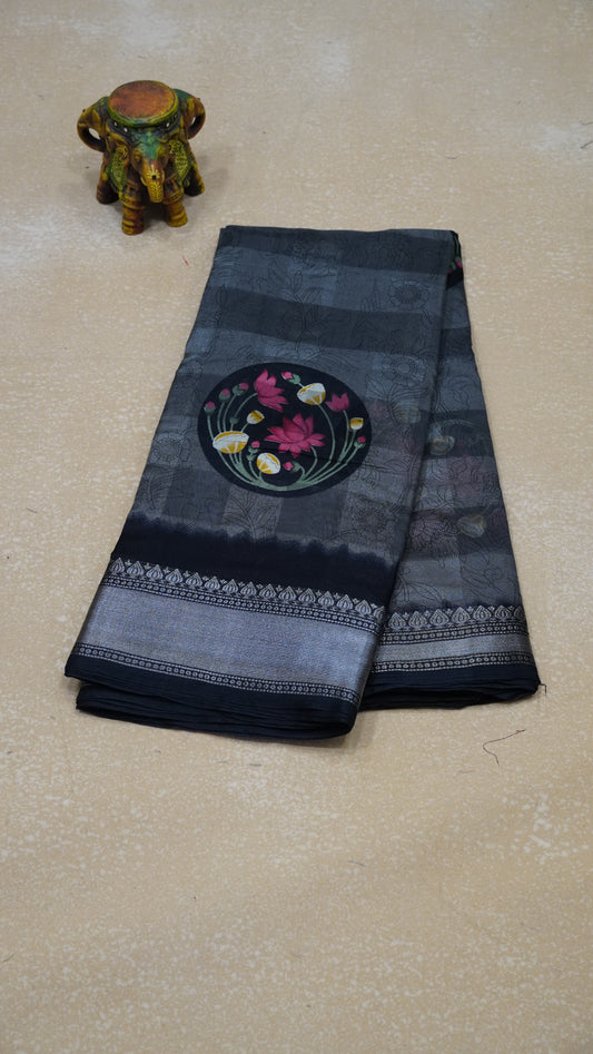 Chanderi Saree Lotus Print - Light Grey