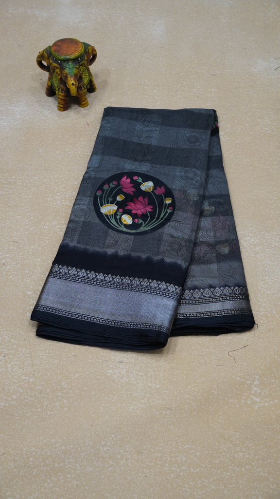 Chanderi Saree Lotus Print - Light Grey