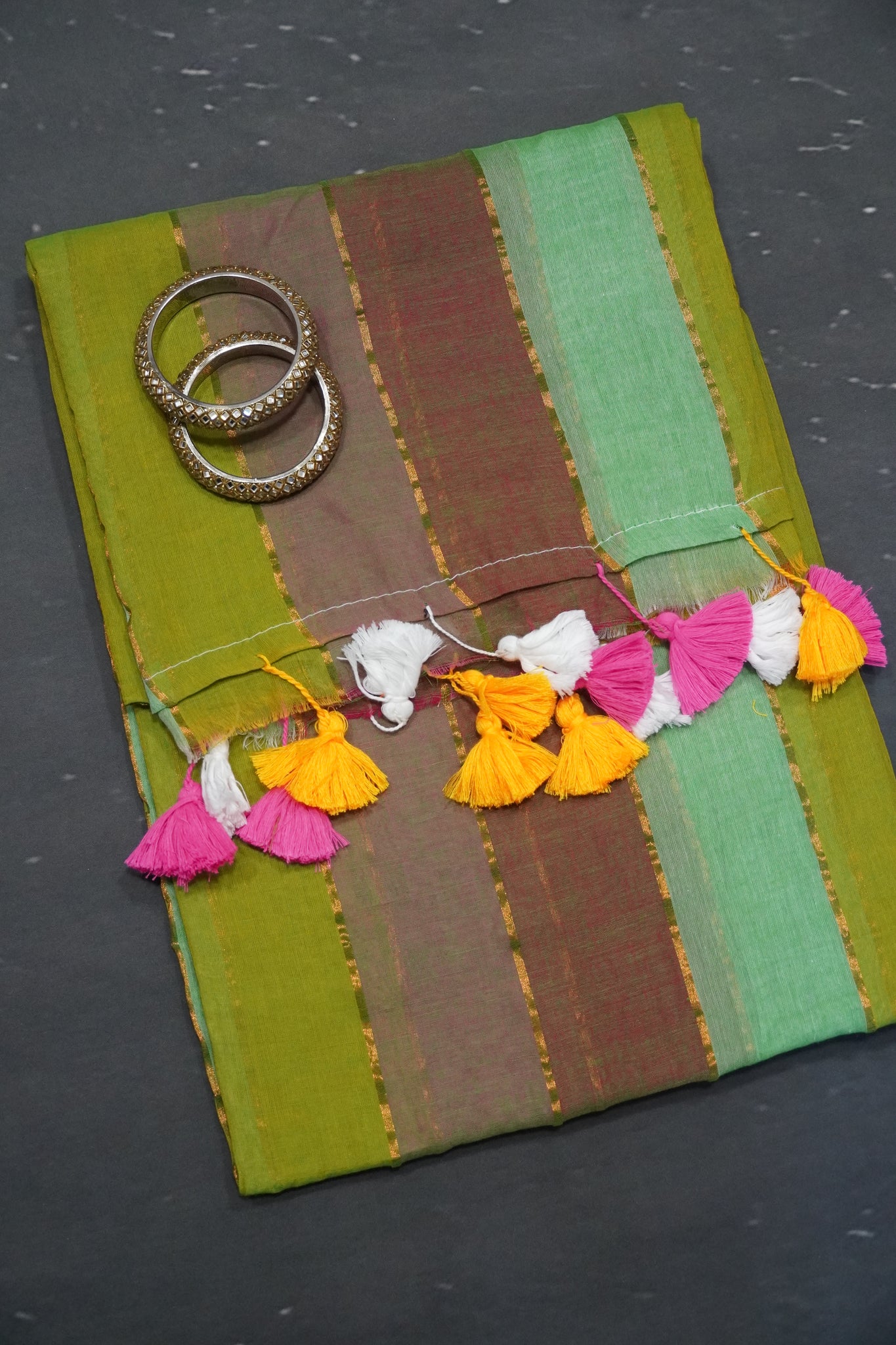 Khadi Cotton Saree - Multi Color Shade Olive Green