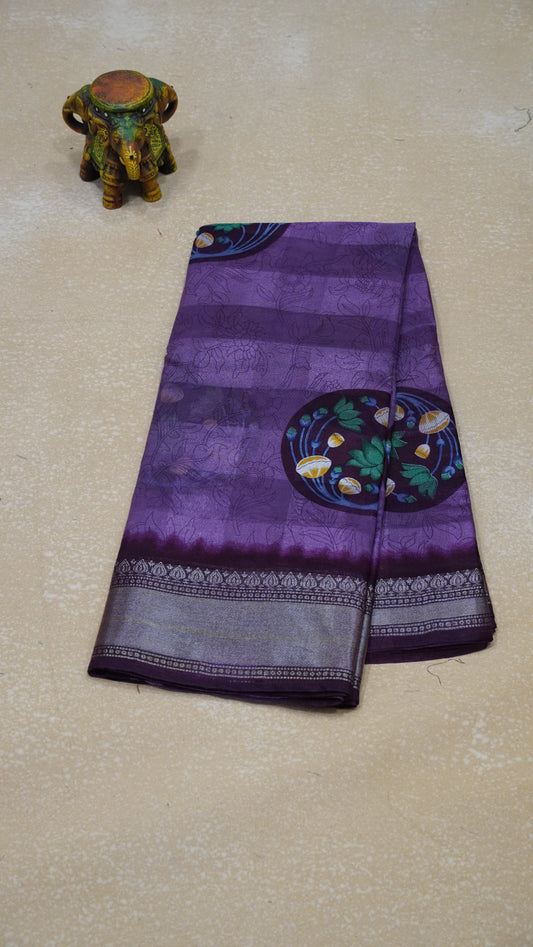 Chanderi Saree Lotus Print - Lavendar