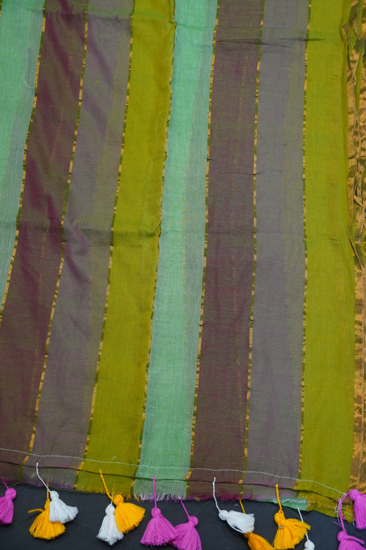 Khadi Cotton Saree - Multi Color Shade Olive Green