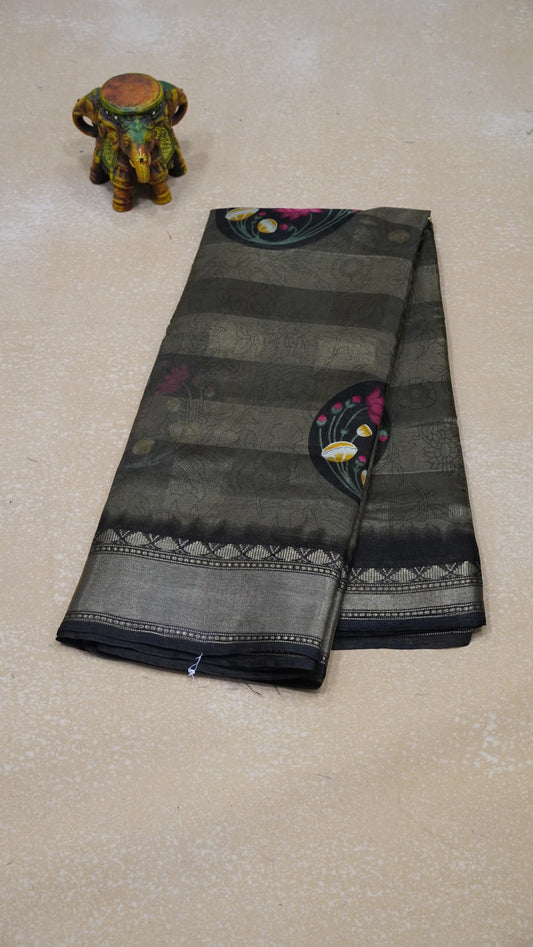 Chanderi Saree Lotus Print - Green