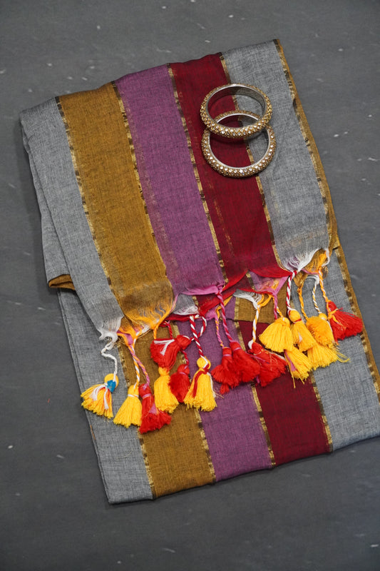 Khadi Silk Saree - Multi Color Shade Khaki