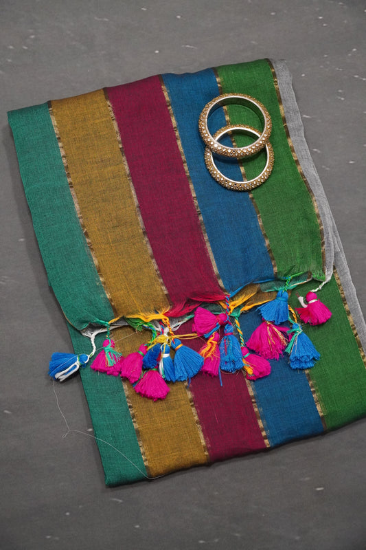 Khadi Silk Saree - Multi Color Shade Peacock Blue