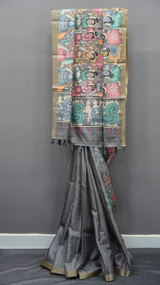 Art Mulberry Silk Saree-Grey Penn Kalamkari