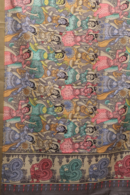 Art Mulberry Silk Saree-Grey Penn Kalamkari