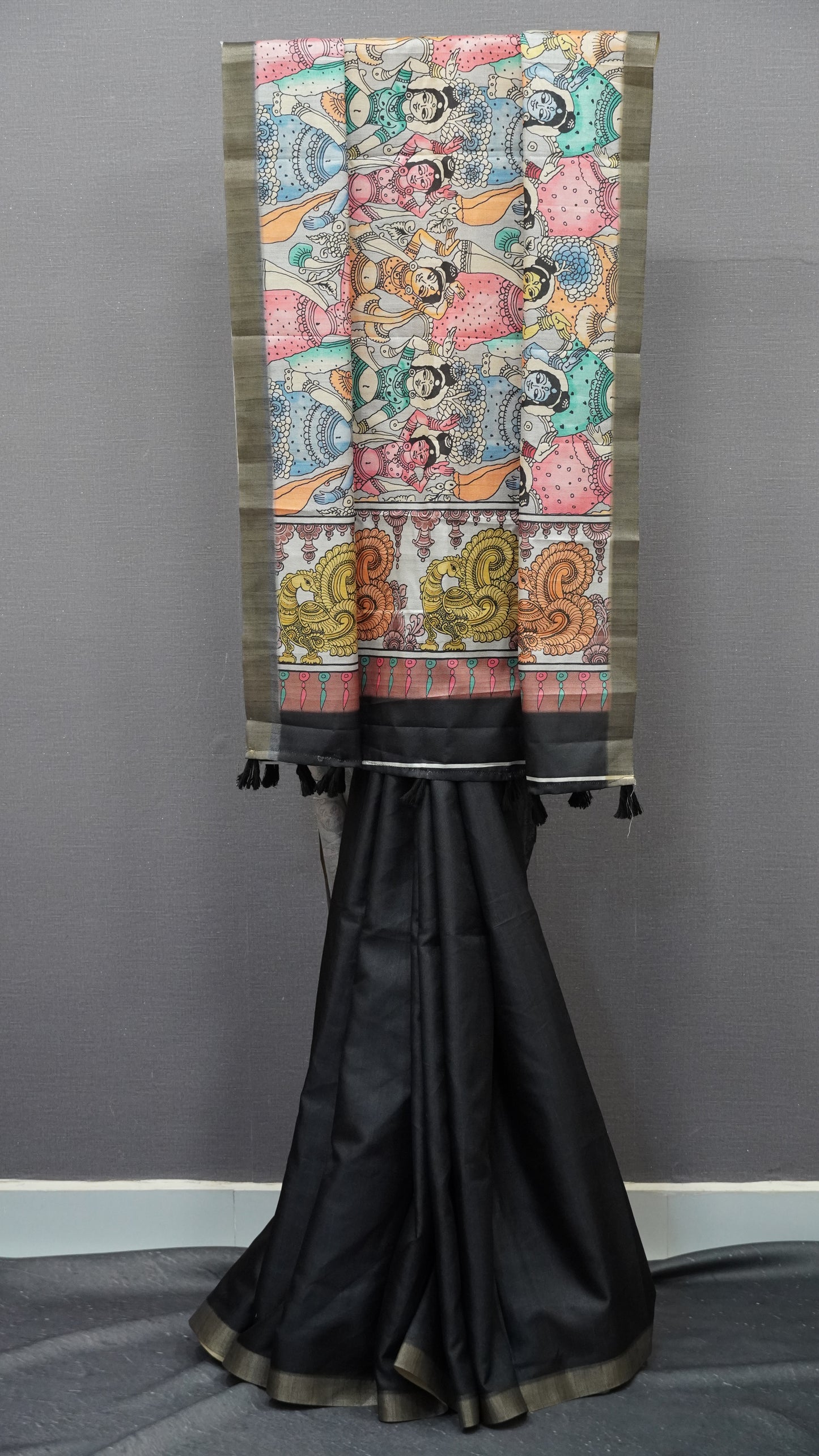 Art Mulberry Silk Saree-Black Penn Kalamkari