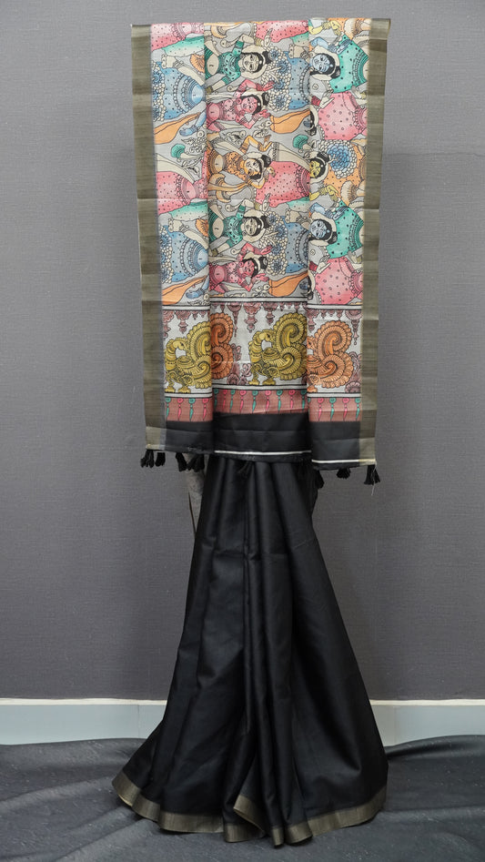 Art Mulberry Silk Saree-Black Penn Kalamkari