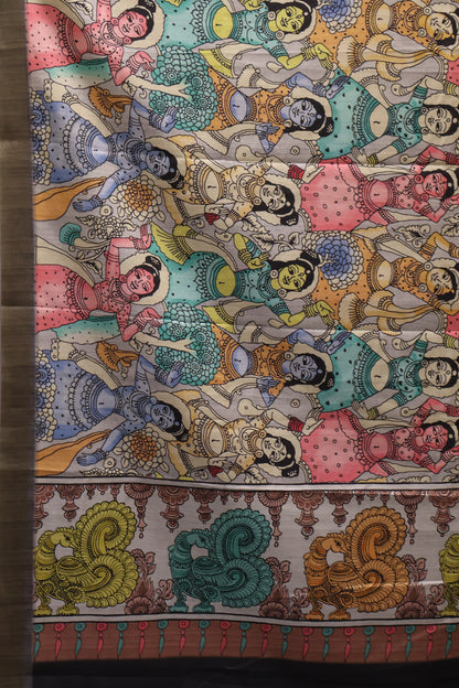 Art Mulberry Silk Saree-Black Penn Kalamkari