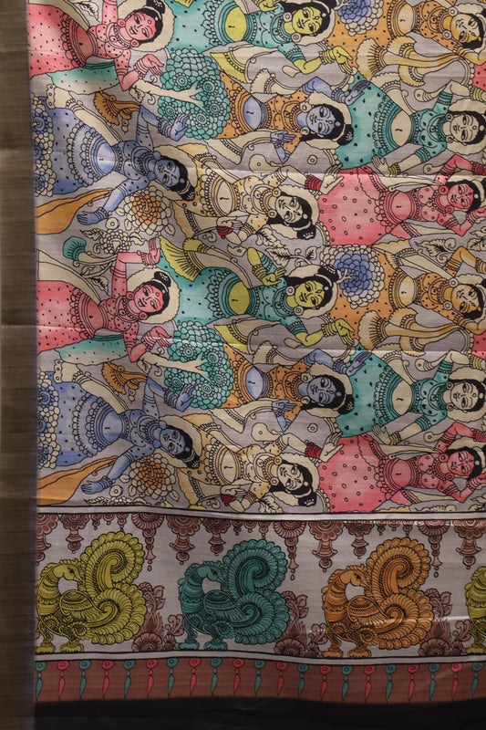 Art Mulberry Silk Saree-Black Penn Kalamkari