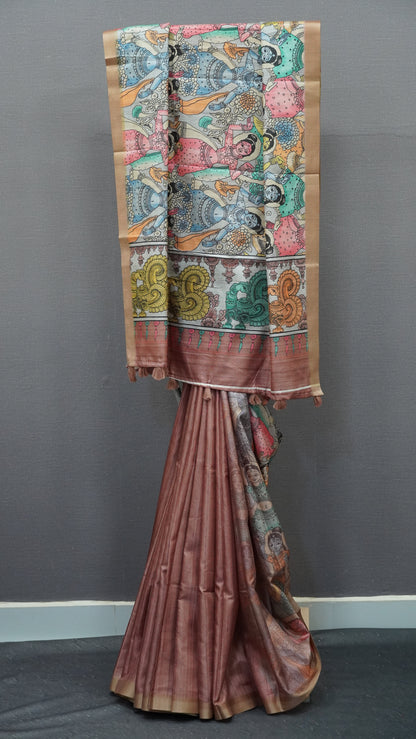 Art Mulberry Silk Saree-Choco Brown Penn Kalamkari