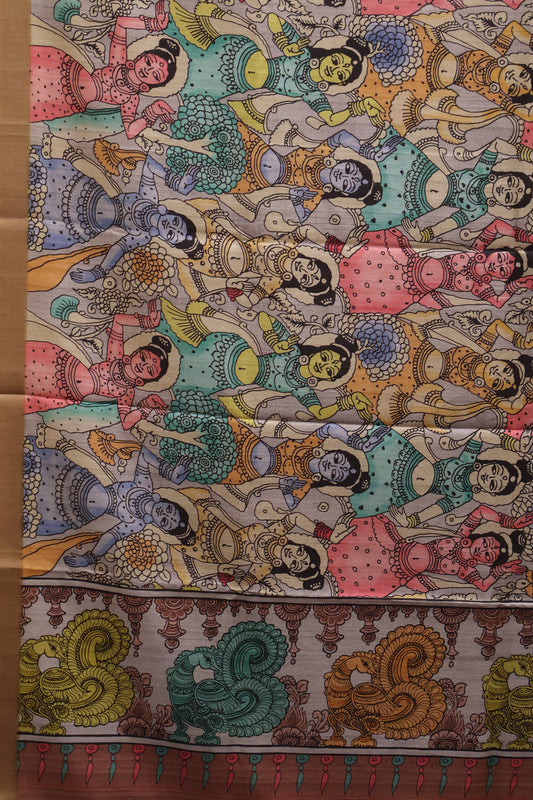 Art Mulberry Silk Saree-Choco Brown Penn Kalamkari