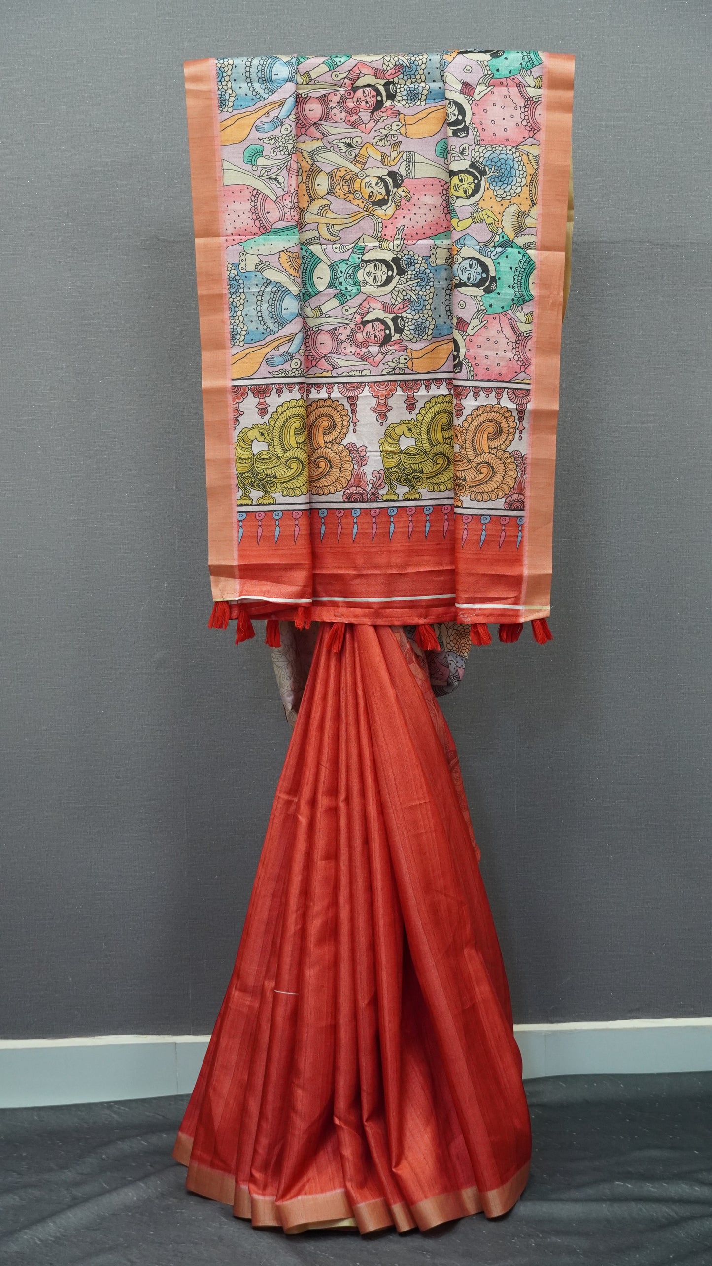 Art Mulberry Silk Saree-Red Penn Kalamkari
