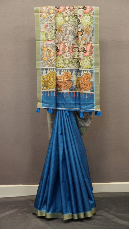 Art Mulberry Silk Saree-Blue Penn Kalamkari