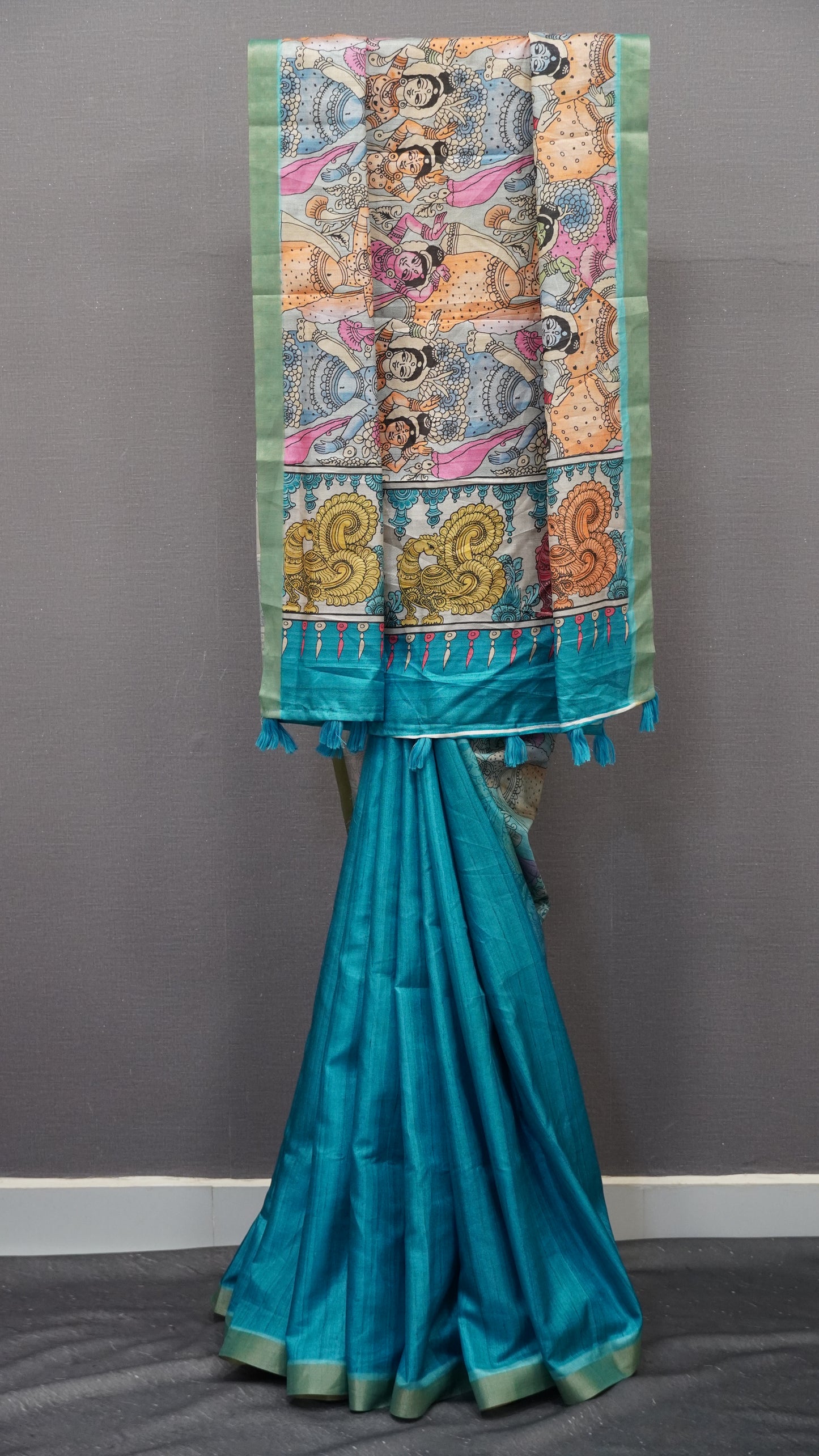 Art Mulberry Silk Saree-Sky Blue Penn Kalamkari