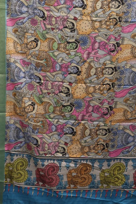 Art Mulberry Silk Saree-Sky Blue Penn Kalamkari