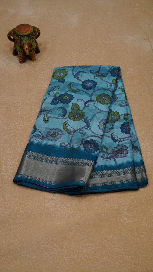 Chanderi Saree Kalamkari Print - Blue