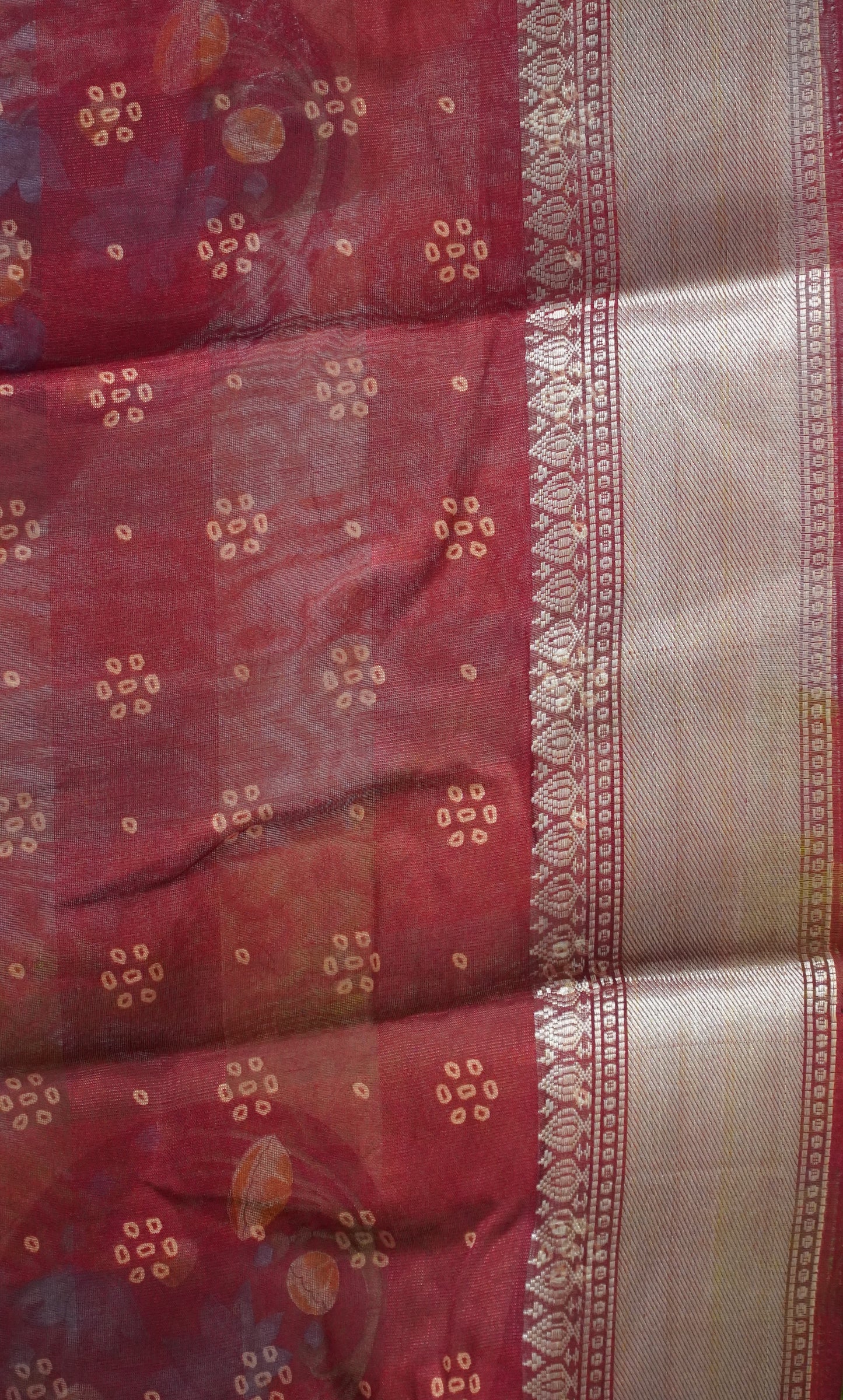 Chanderi Saree Lotus Print - Light Brown