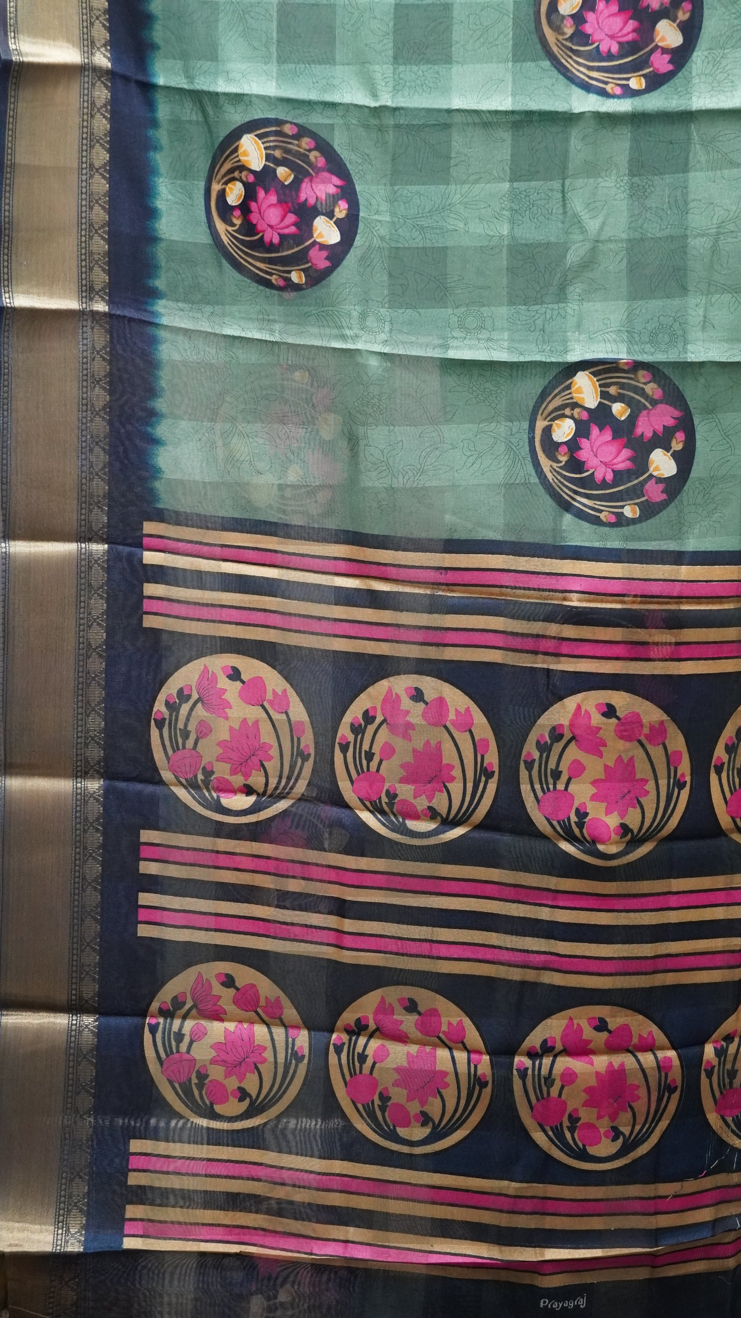 Chanderi Saree Lotus Print - Light Green