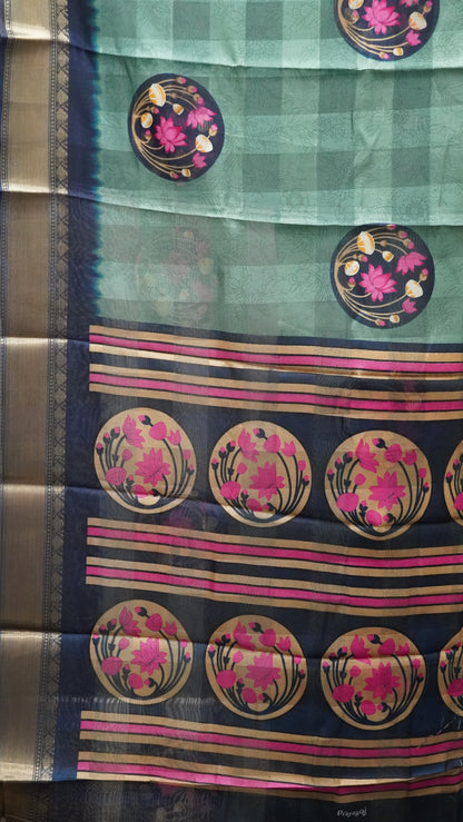 Chanderi Saree Lotus Print - Light Green