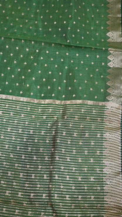 Semi Tussar Saree - Dark Green Heart Buta