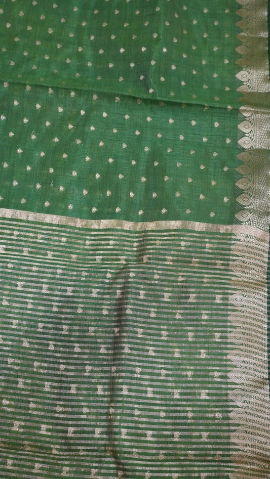 Semi Tussar Saree - Dark Green Heart Buta