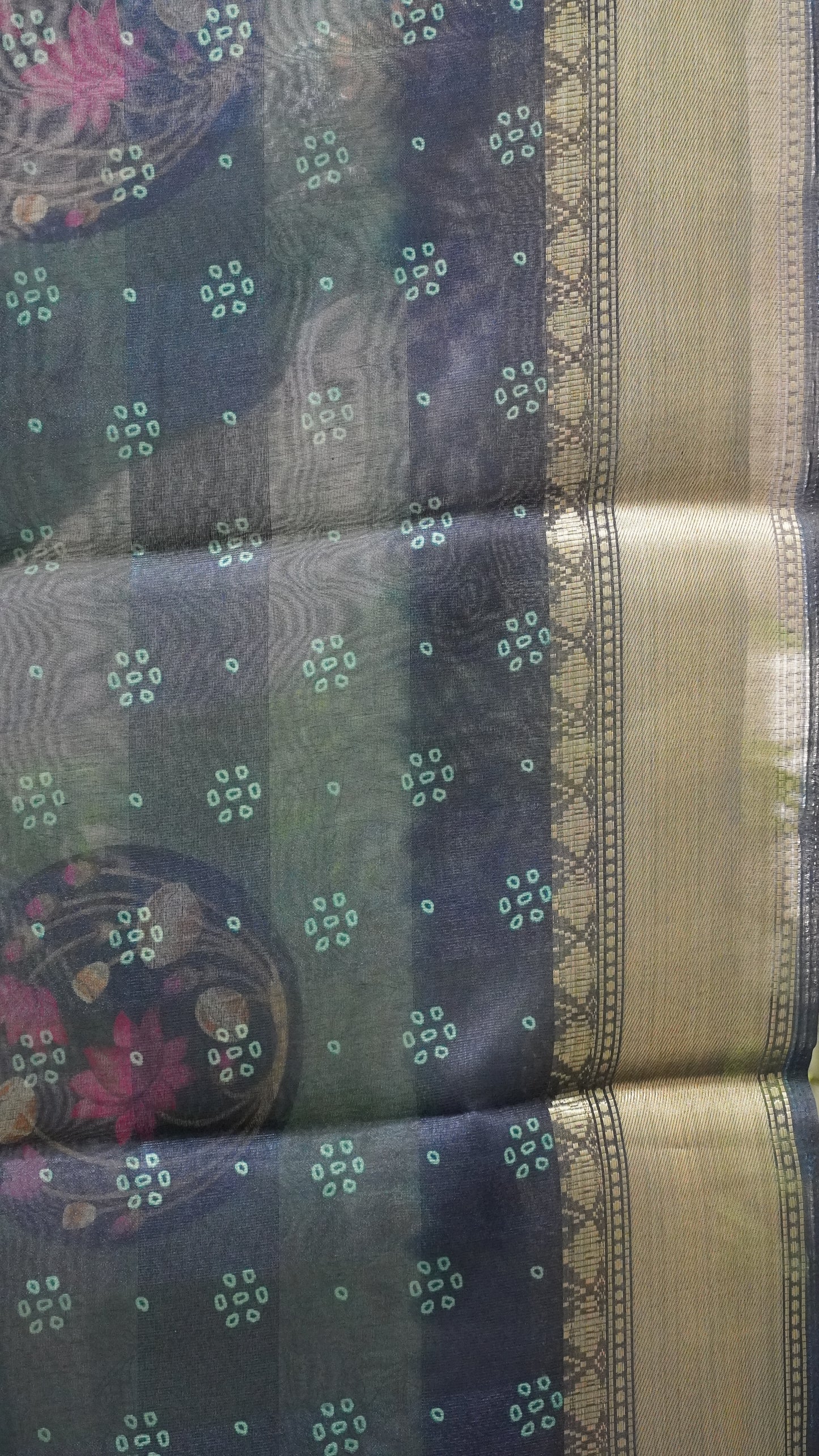 Chanderi Saree Lotus Print - Light Green