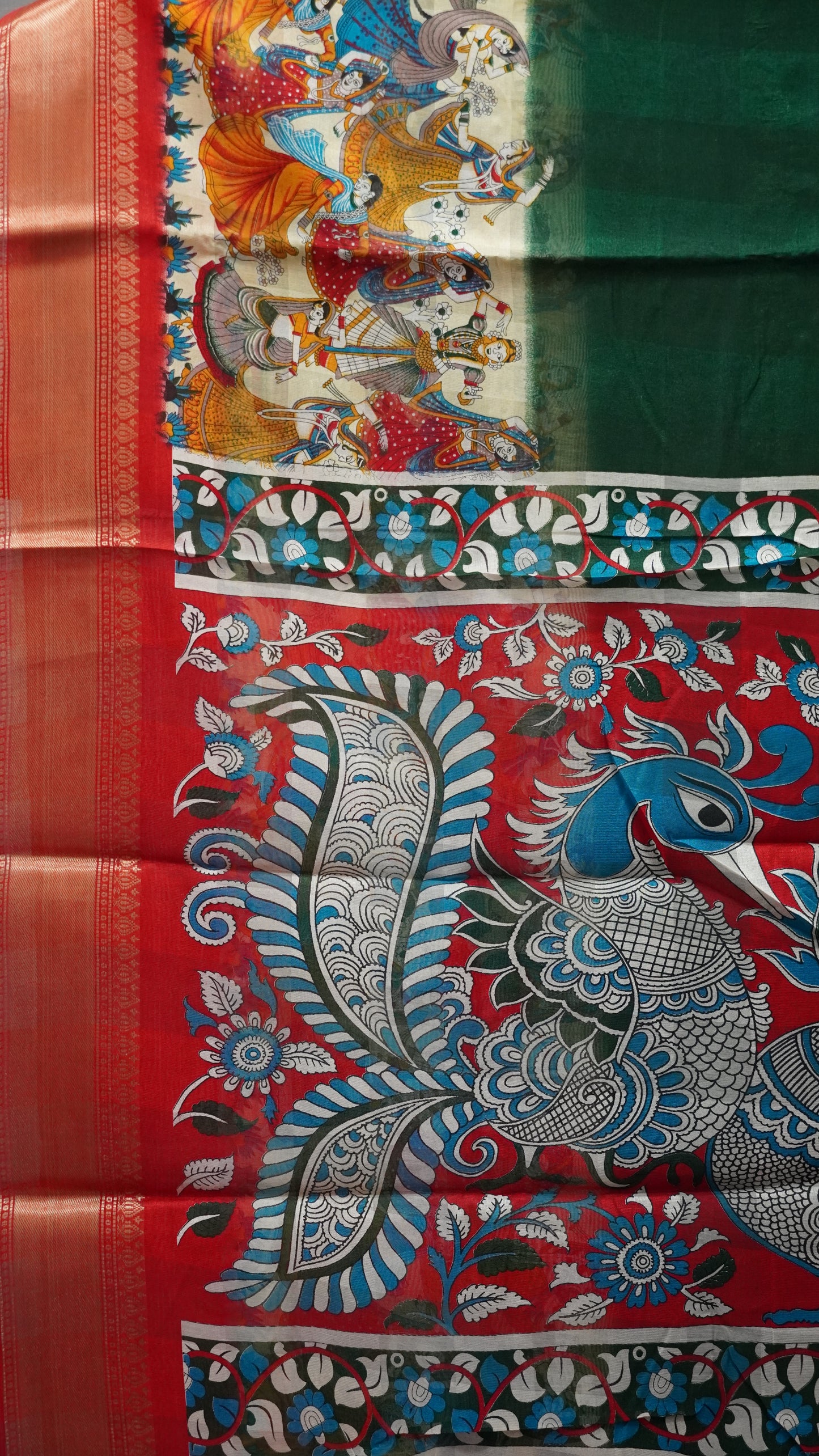 Chanderi Saree Figure Print - Bottle Green