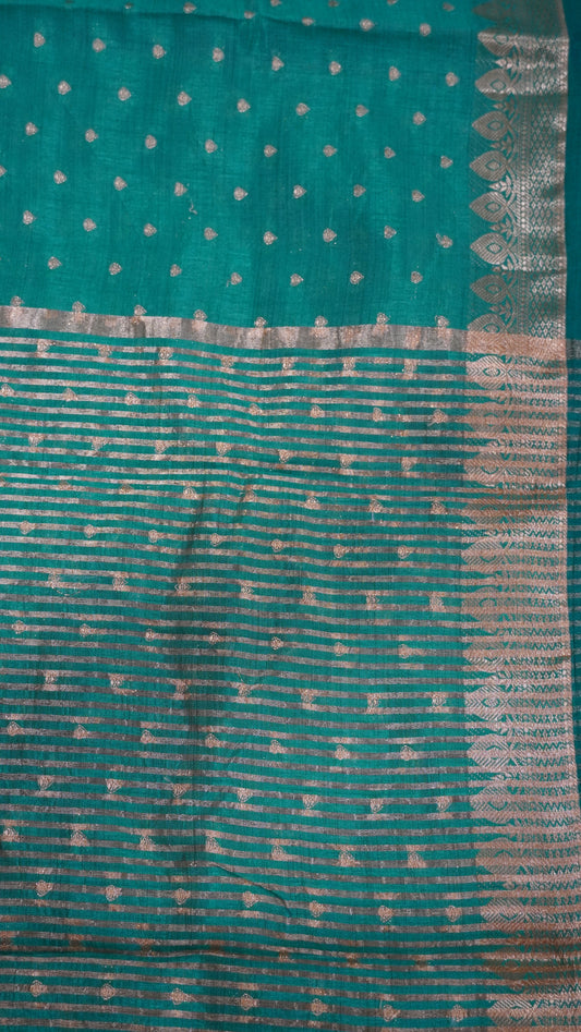 Semi Tussar Saree - Teal Green Heart Buta