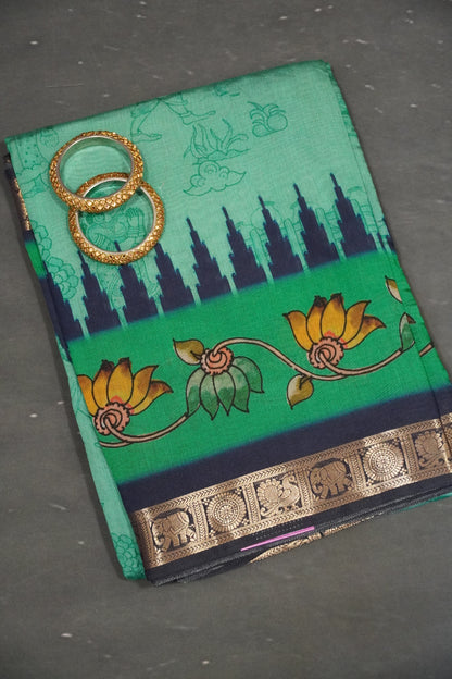 Malai Cotton Saree - Doll Pattern Sea Green