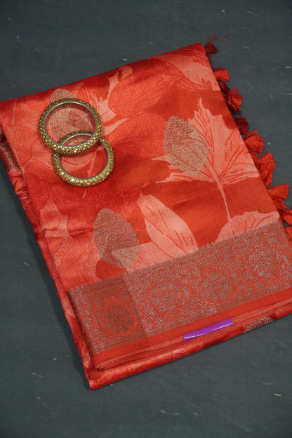 Pure Banarasi Chiniya Silk Saree- Leaf Big Buta Red