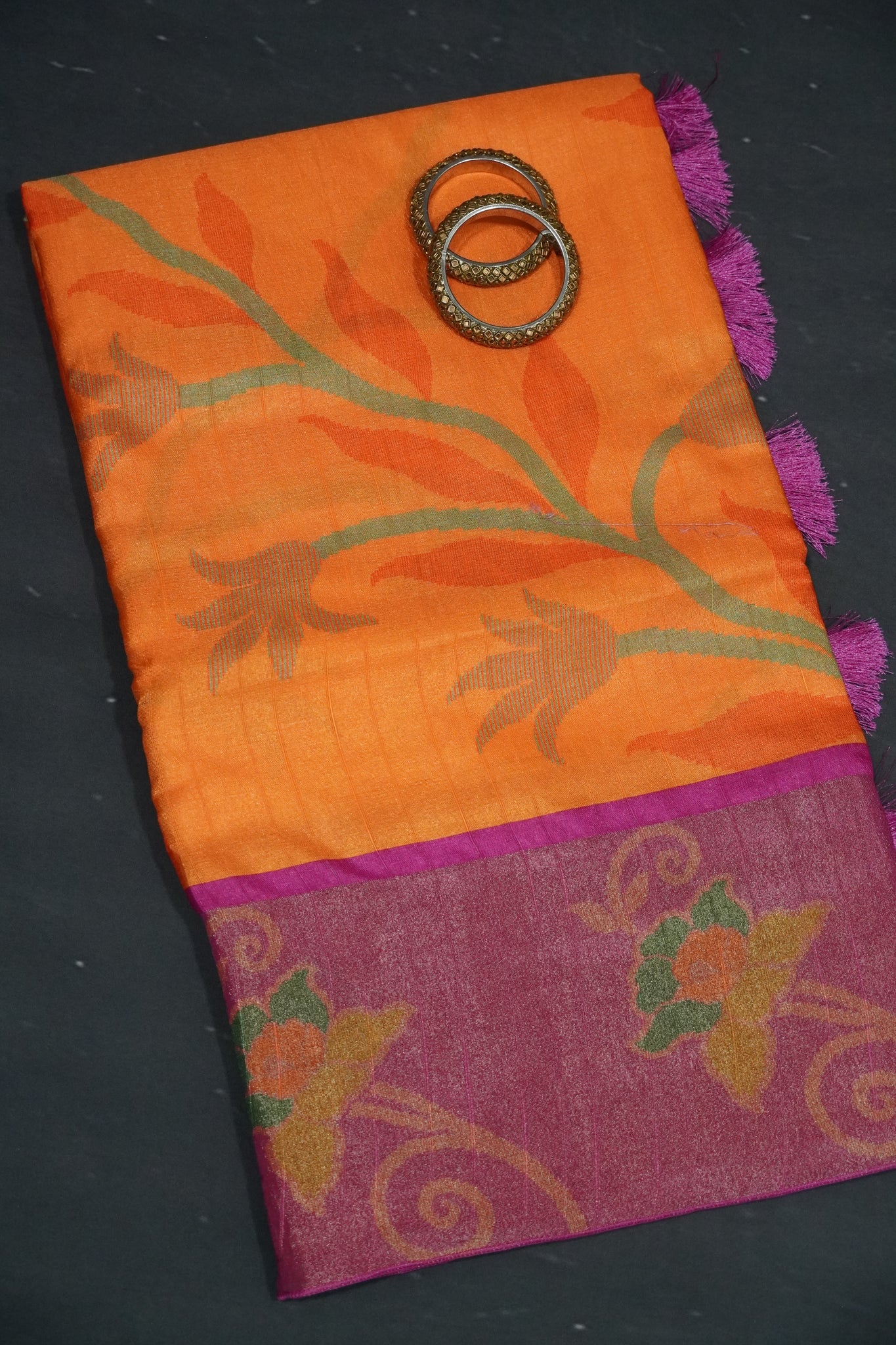 Garden Tussar Silk- Orange- Pink