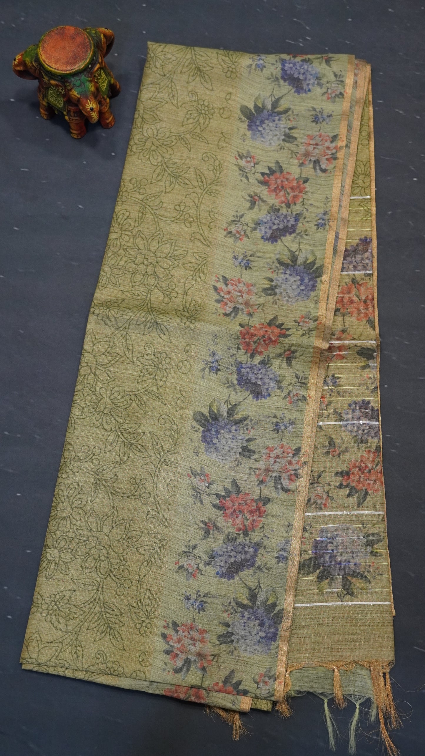 Tissue Tussar Saree-Green Hydrang Border