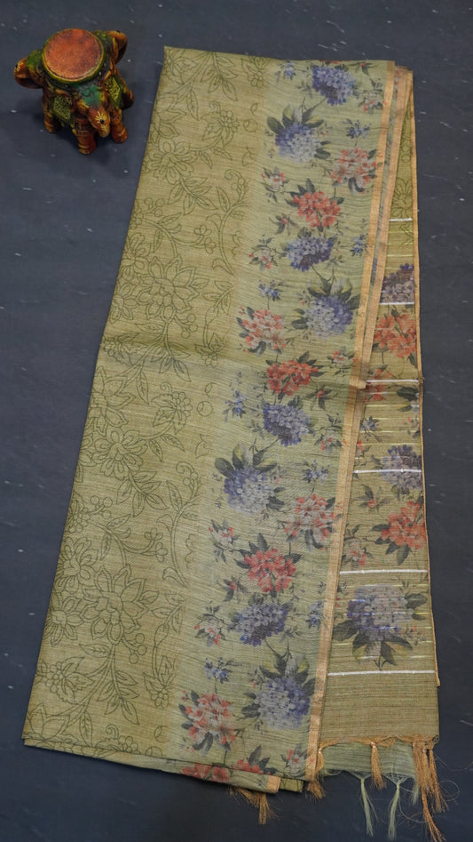 Tissue Tussar Saree-Green Hydrang Border