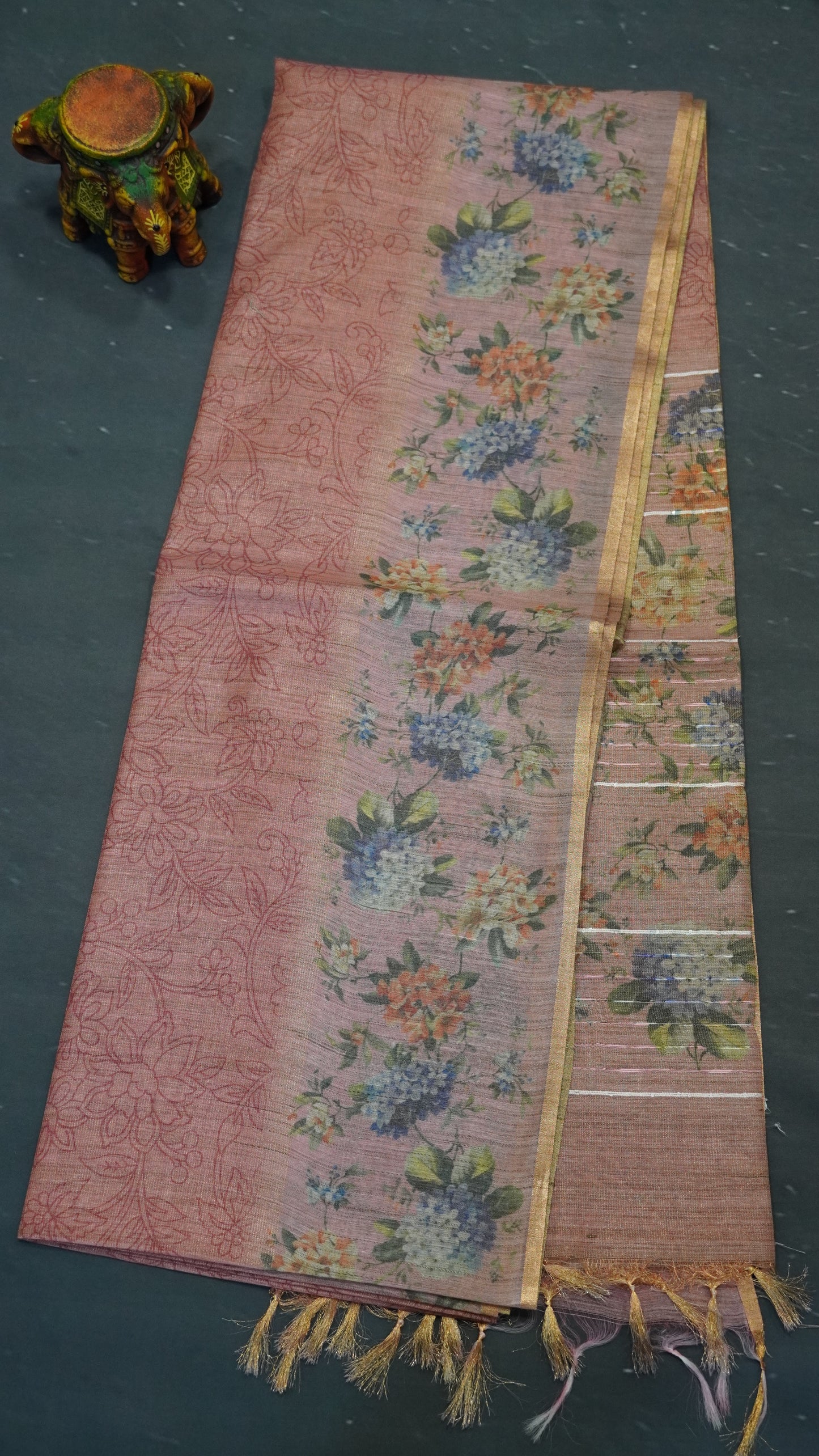 Tissue Tussar Saree-Pink Hydrang Border