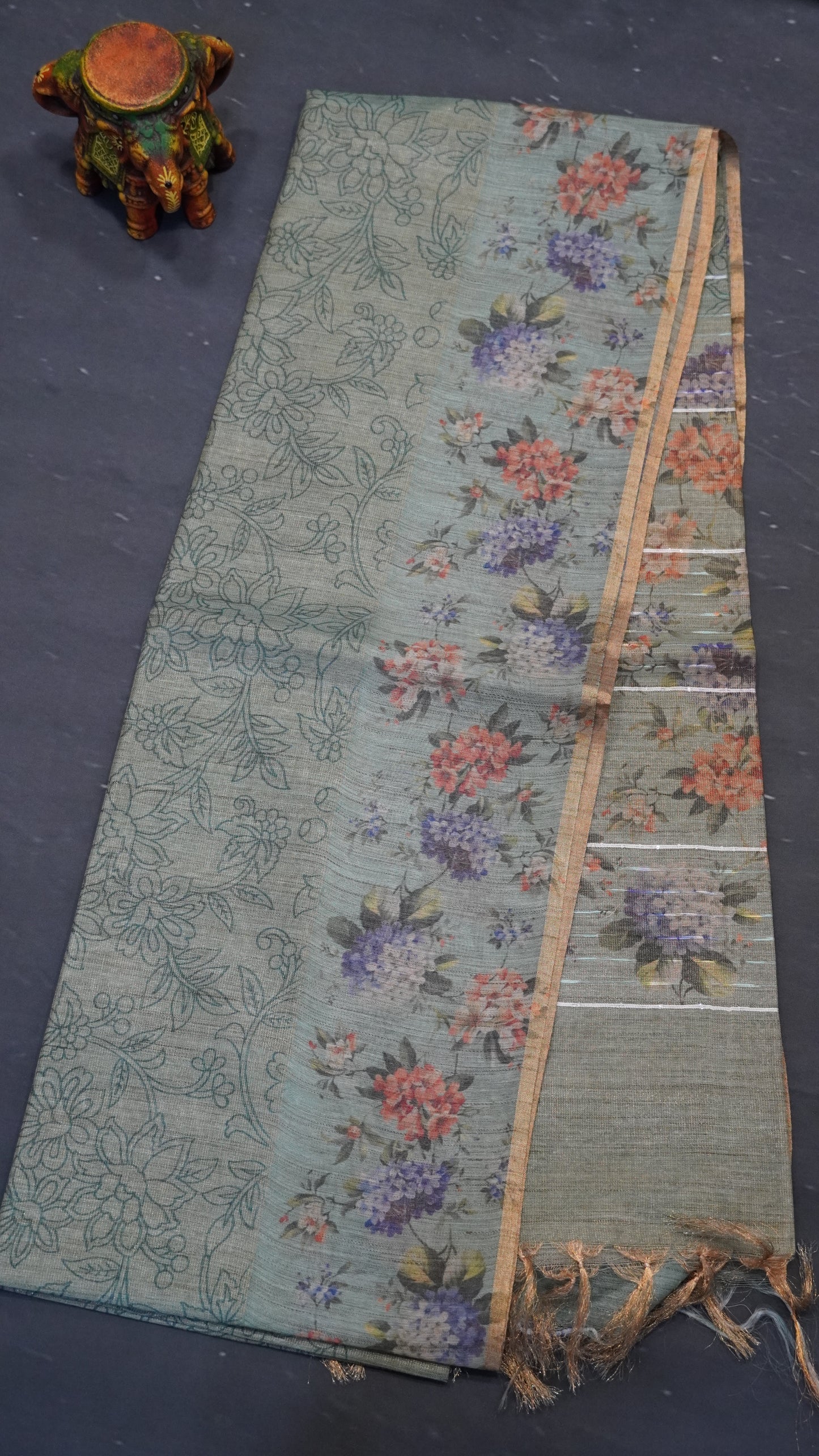 Tissue Tussar Saree-Sea Blue Hydrang Border