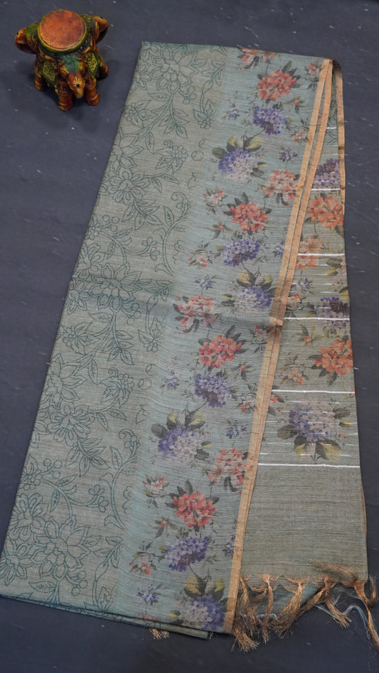 Tissue Tussar Saree-Sea Blue Hydrang Border