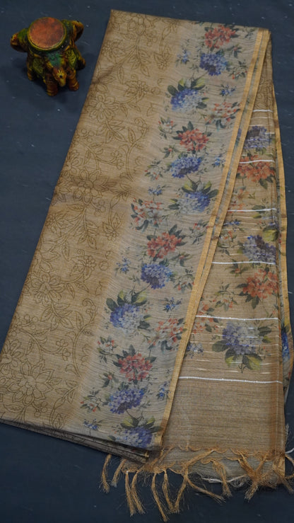 Tissue Tussar Saree-Mustard Hydrang Border